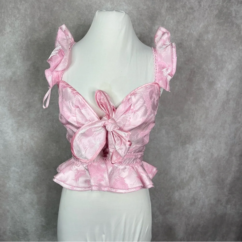 V. Chapman Petals Front Tie Jacquard‎ Blouse In Pink Macaron Women's Size 2
